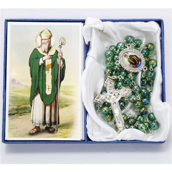 ST. PATRICK GREEN (AB) GLASS BEAD ROSARY EWTN Religious Catalogue