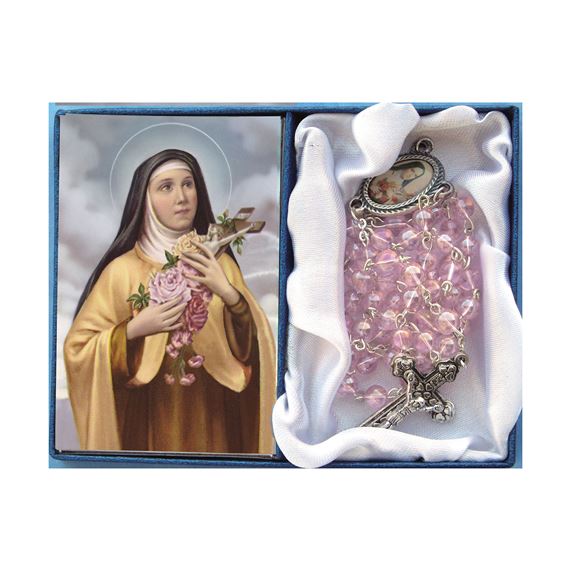 ST. THERESE -  PINK GLASS BEAD ROSARY