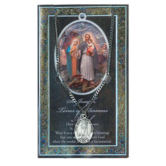 ST. JOSEPH TERROR OF DEMONS HAND ENGRAVED PEWTER MEDAL ON 24” CHAIN – WITH PAMPHLET
