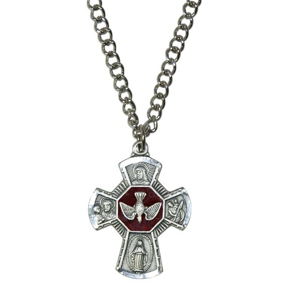 SILVER PLATED 4-WAY MEDAL WITH RED ENAMEL - 24"