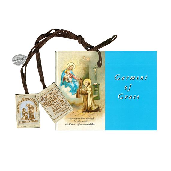 ADULT BROWN WOOL SCAPULAR WITH MIRACULOUS MEDAL & BOOKLET SET