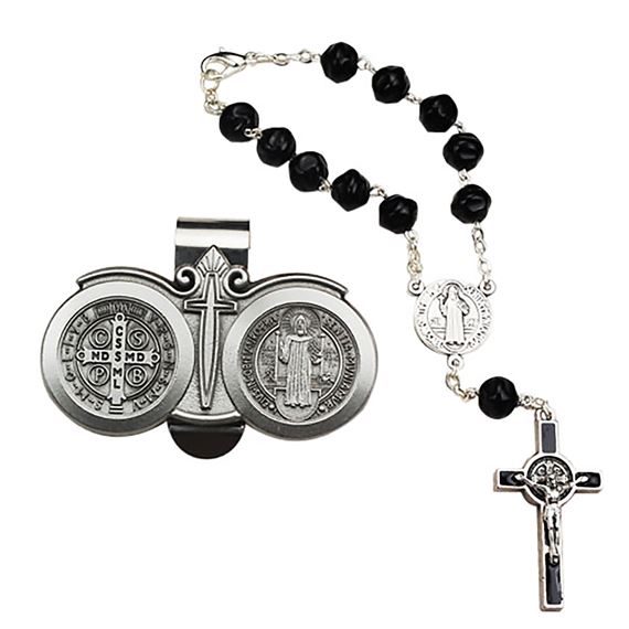 ST. BENEDICT VISOR CLIP AND AUTO ROSARY