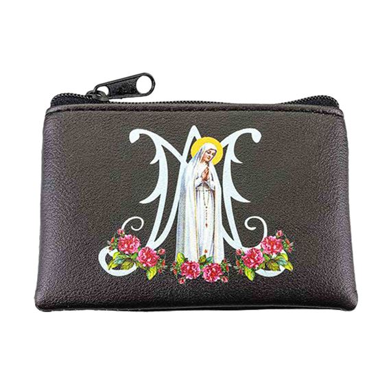 OUR LADY OF FATIMA BLACK LEATHERETTE ROSARY POUCH