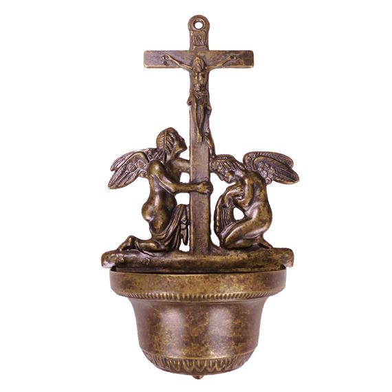 BRASS CRUCIFIX HOLY WATER FONT WITH ANGELS