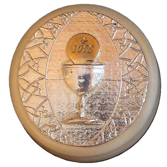 HANDCRAFTED FIRST COMMUNION WHITE WOOD ROSARY BOX - HOST & CHALICE