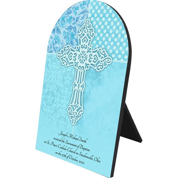 PERSONALIZED ARCHED PLAQUE - BLUE BAPTISM CROSS