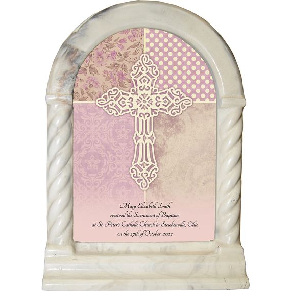 PERSONALIZED DESK SHRINE - PINK BAPTISM CROSS