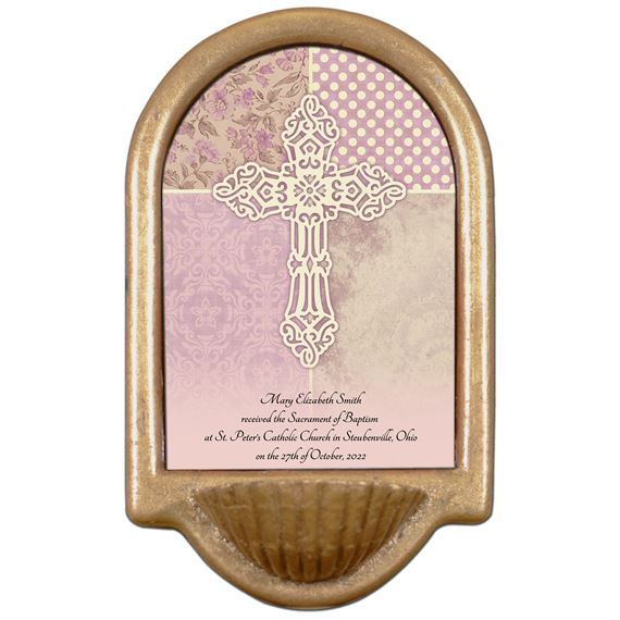 PERSONALIZED HOLY WATER FONT - PINK BAPTISM CROSS