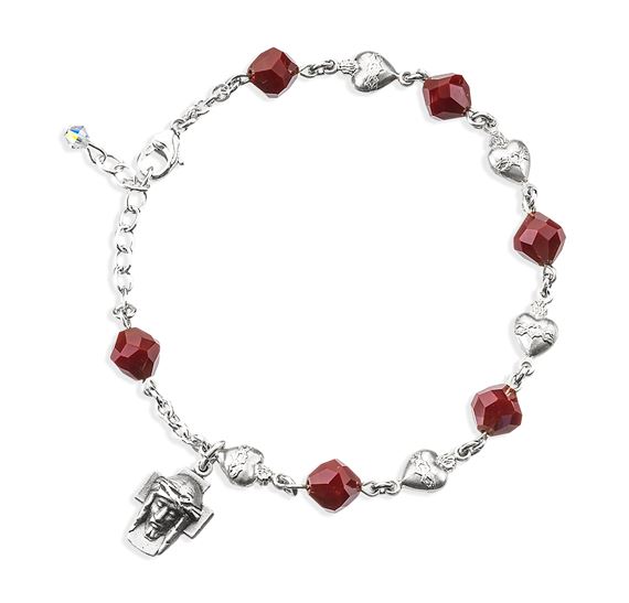 STERLING SILVER SACRED HEART ROSARY BRACELET WITH RED CORAL CRYSTAL BEADS AND HOLY FACE MEDAL