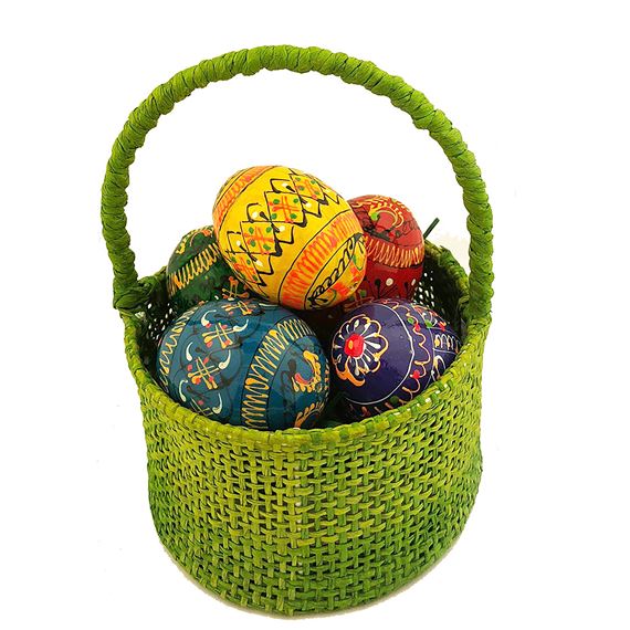 GREEN EASTER BASKET WITH 5 SMALL HAND PAINTED EGGS