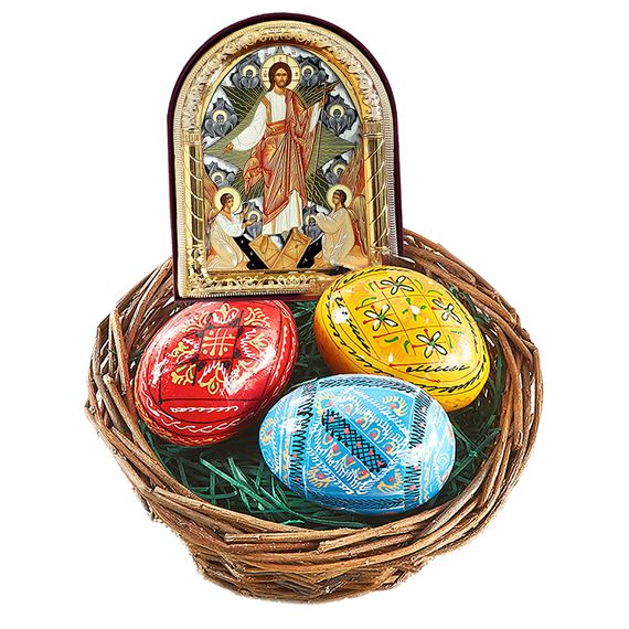 UKRAINIAN PYSANKY EGGS WITH MINI ICON AND BASKET