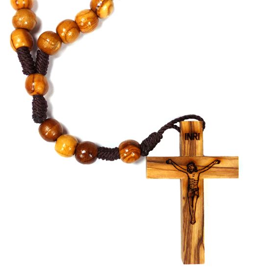 OLIVE WOOD LARGE BEAD ROSARY - BROWN CORD