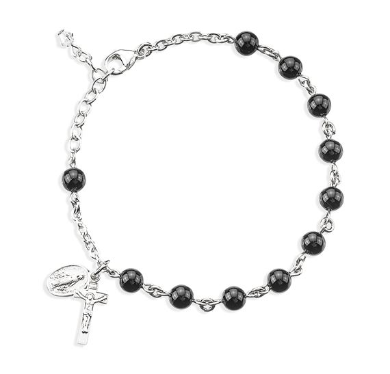 GENUINE ONYX ROSARY BRACELET WITH STERLING SILVER CRUCIFIX AND MIRACULOUS MEDAL