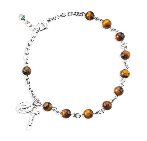 GENUINE TIGER EYE ROUND BEAD ROSARY BRACELET WITH STERLING SILVER CRUCIFIX AND MIRACULOUS MEDAL