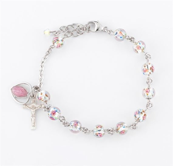 ROSE MURANO GLASS BEAD STERLING SILVER ROSARY BRACELET