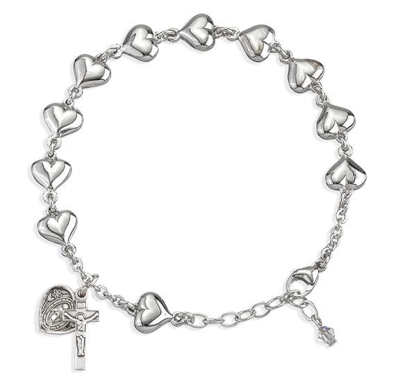 STERLING SILVER HEART SHAPE ROSARY BRACELET
