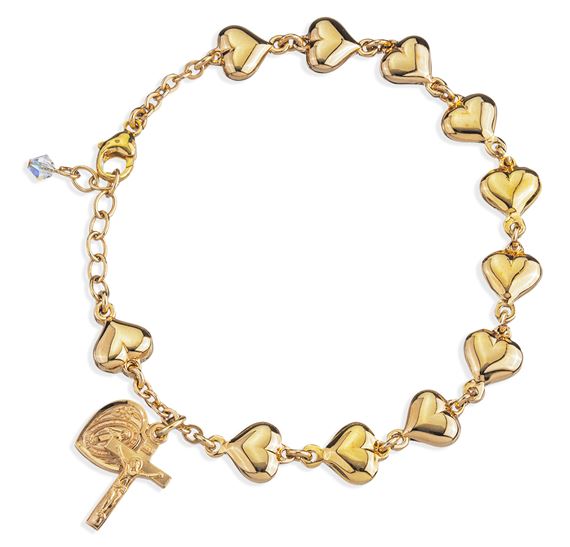 GOLD OVER SOLID STERLING SILVER POLISHED HEART ROSARY BRACELET