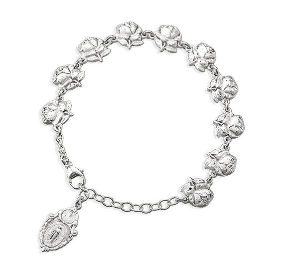 STERLING SILVER BRACELET - ROSE BUD BEADS WITH SAINT IMAGES