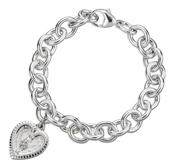 SOLID STERLING SILVER EXTRA HEAVY LINKED BRACELET WITH HEART SHAPED MIRACULOUS MEDAL