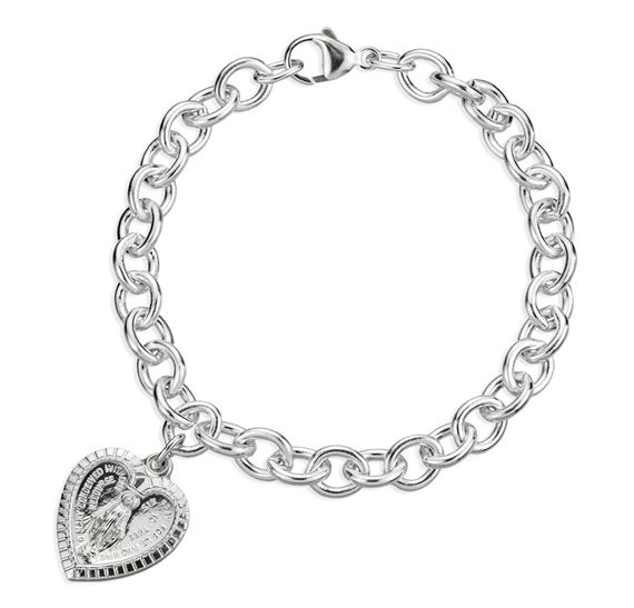 SOLID STERLING SILVER LINKED BRACELET WITH HEART SHAPED MIRACULOUS MEDAL