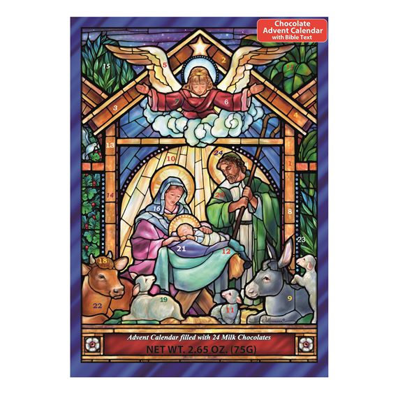 STAINED GLASS NATIVITY ADVENT CALENDAR WITH CHOCOLATES (10" x 13¾”)