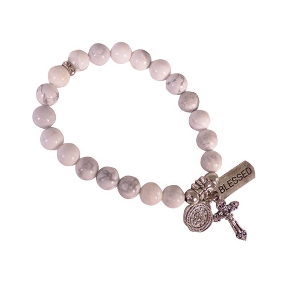 HOWLITE STONE ROSARY BRACELET WITH CRUCIFIX, MIRACULOUS MEDAL, AND BLESSED CHARM