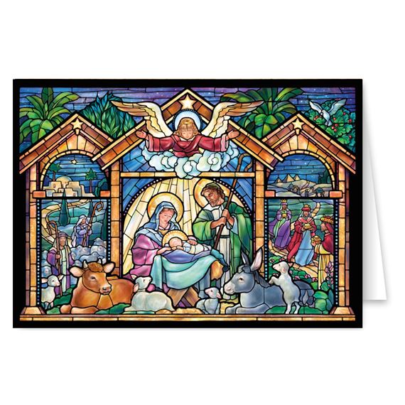 STAINED GLASS NATIVITY - (15) BOXED CHRISTMAS CARDS (6 1/4" x 4 1/2")