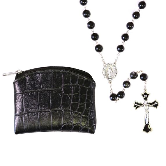 BLACK BEAD ROSARY WITH BLACK POUCH