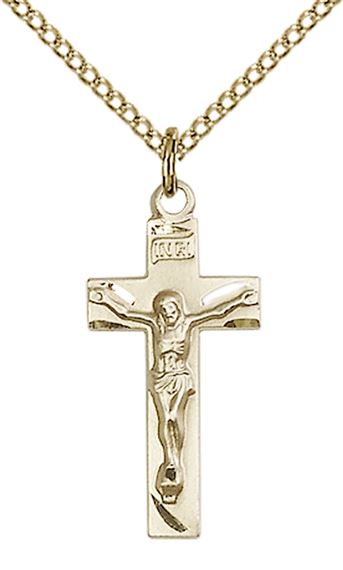 14KT GOLD FILLED CRUCIFIX PENDANT WITH CHAIN - 7/8" x 3/8"