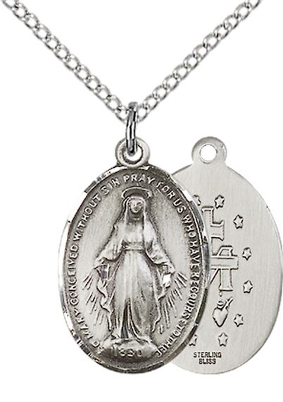 STERLING SILVER MIRACULOUS PENDANT WITH CHAIN - 3/4" x 1/2"