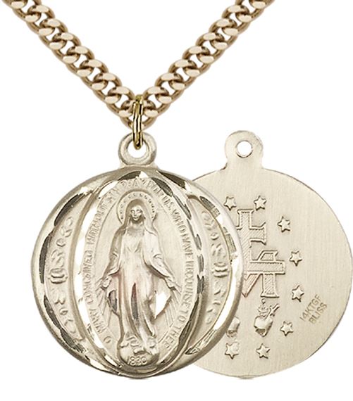 14KT GOLD FILLED MIRACULOUS PENDANT WITH CHAIN - 7/8" x 3/4"