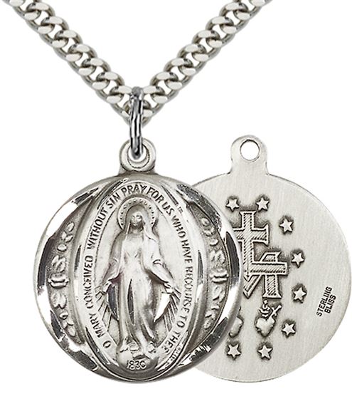 STERLING SILVER MIRACULOUS PENDANT WITH CHAIN - 7/8" x 3/4"