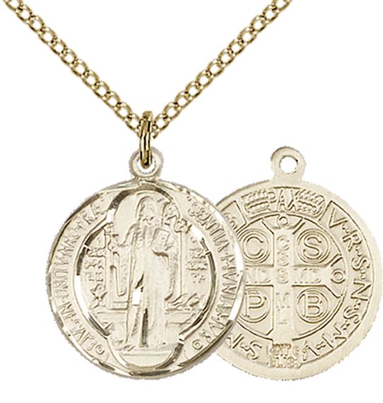 14KT GOLD FILLED ST BENEDICT PENDANT WITH CHAIN - 5/8" x 5/8"