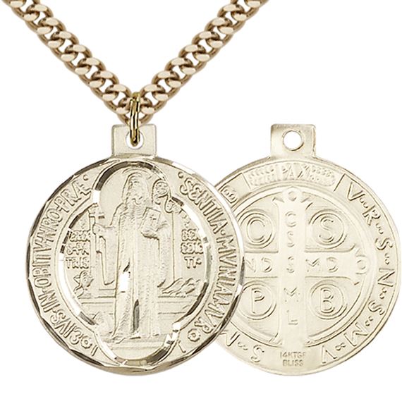 14KT GOLD FILLED ST BENEDICT PENDANT WITH CHAIN - 7/8" x 3/4"