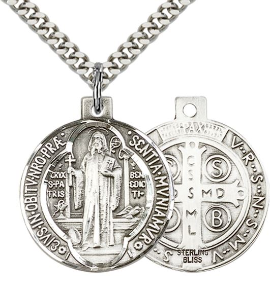 STERLING SILVER ST BENEDICT PENDANT WITH CHAIN - 7/8" x 3/4"