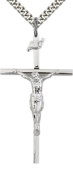 STERLING SILVER CRUCIFIX PENDANT WITH CHAIN - 1 3/4" x 1"