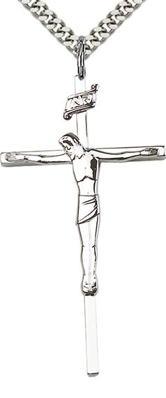 STERLING SILVER CRUCIFIX PENDANT WITH CHAIN - 1 7/8" x 1"