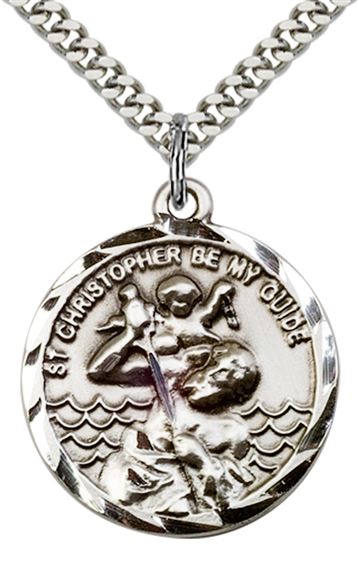 STERLING SILVER ST CHRISTOPHER PENDANT WITH CHAIN - 1" x 7/8"