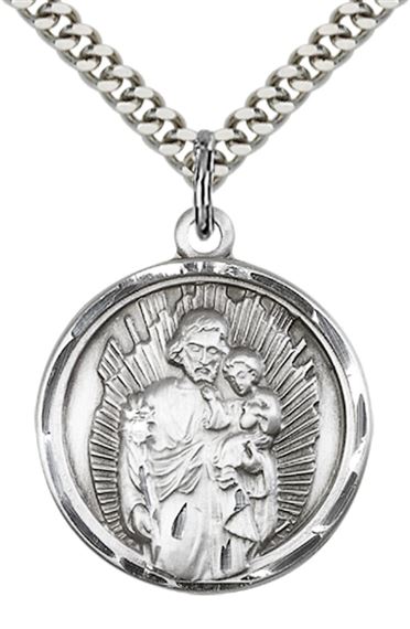 STERLING SILVER ST JOSEPH PENDANT WITH CHAIN - 1" x 7/8"