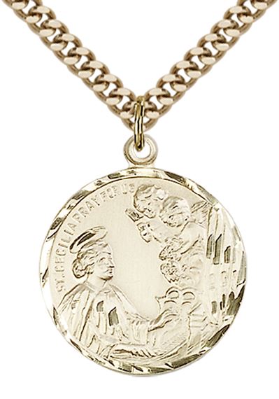 14KT GOLD FILLED ST CECILIA PENDANT WITH CHAIN - 7/8" x 3/4"