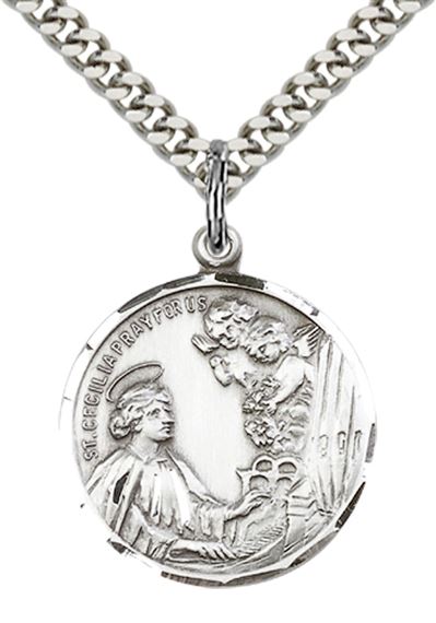 STERLING SILVER ST CECILIA PENDANT WITH CHAIN - 7/8" x 3/4"