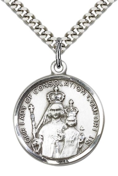 STERLING SILVER OUR LADY OF CONSOLATION PENDANT WITH CHAIN - 7/8" x 3/4"