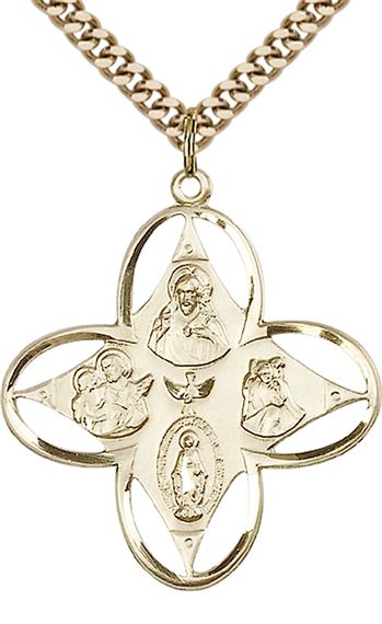 14KT GOLD FILLED 4-WAY PENDANT WITH CHAIN - 1 1/4" x 1 1/8"