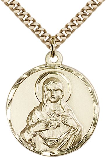 14KT GOLD FILLED IMMACULATE HEART OF MARY PENDANT WITH CHAIN - 1" x 7/8"