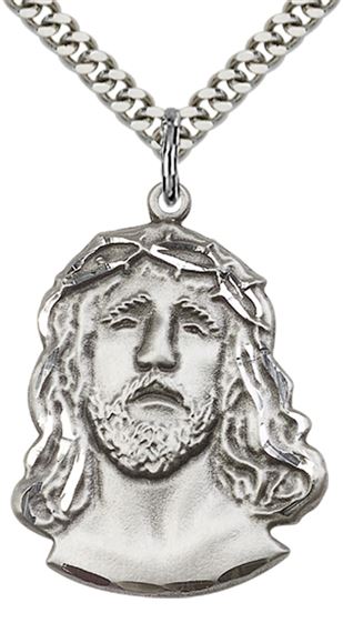 STERLING SILVER ECCE HOMO PENDANT WITH CHAIN - 1 1/8" x 7/8"