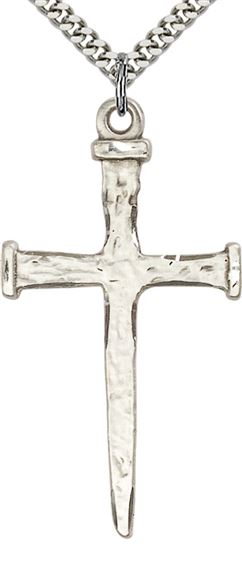 STERLING SILVER NAIL CROSS PENDANT WITH CHAIN - 2" x 1"