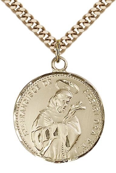 14KT GOLD FILLED ST FRANCIS OF ASSISI PENDANT WITH CHAIN - 7/8" x 3/4"