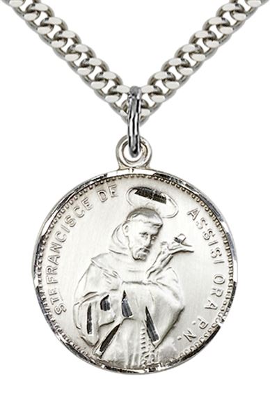 STERLING SILVER ST FRANCIS OF ASSISI PENDANT WITH CHAIN - 7/8" x 3/4"