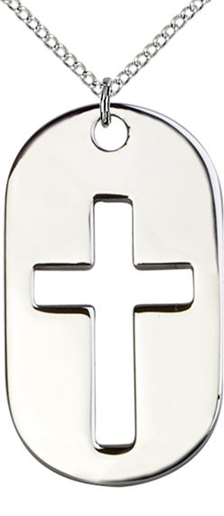 STERLING SILVER CROSS DOG TAG PENDANT WITH CHAIN - 1 3/8" x 3/4"