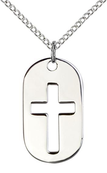 STERLING SILVER CROSS DOG TAG PENDANT WITH CHAIN - 7/8" x 1/2"